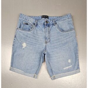 Empyre Shorts Mens 34‎ Y2k Light Blue Denim Cuff Leg Distressed Skater Jorts.